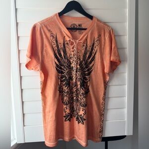 Affliction Women’s Lace-Up Graphic Tee Size XL Peach
